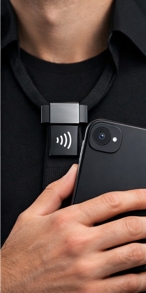 Phone tapping the NFC clasp of the Knotless tie